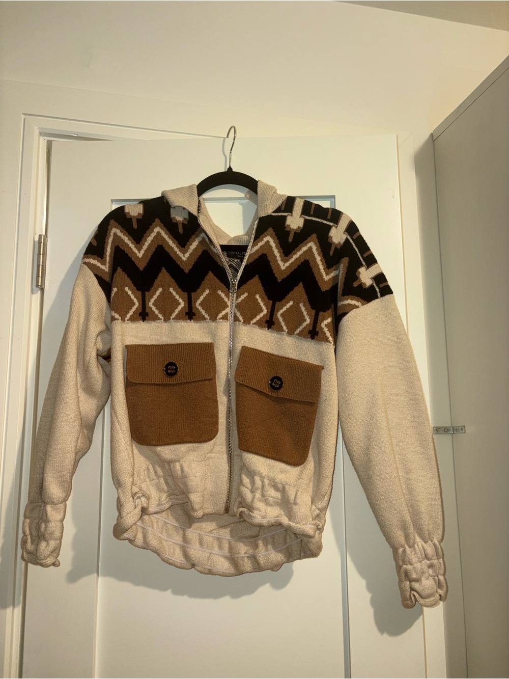 Centeal Park West Women’s Cream and Brown/Black Patterned Zip Hoodie Sweater XS